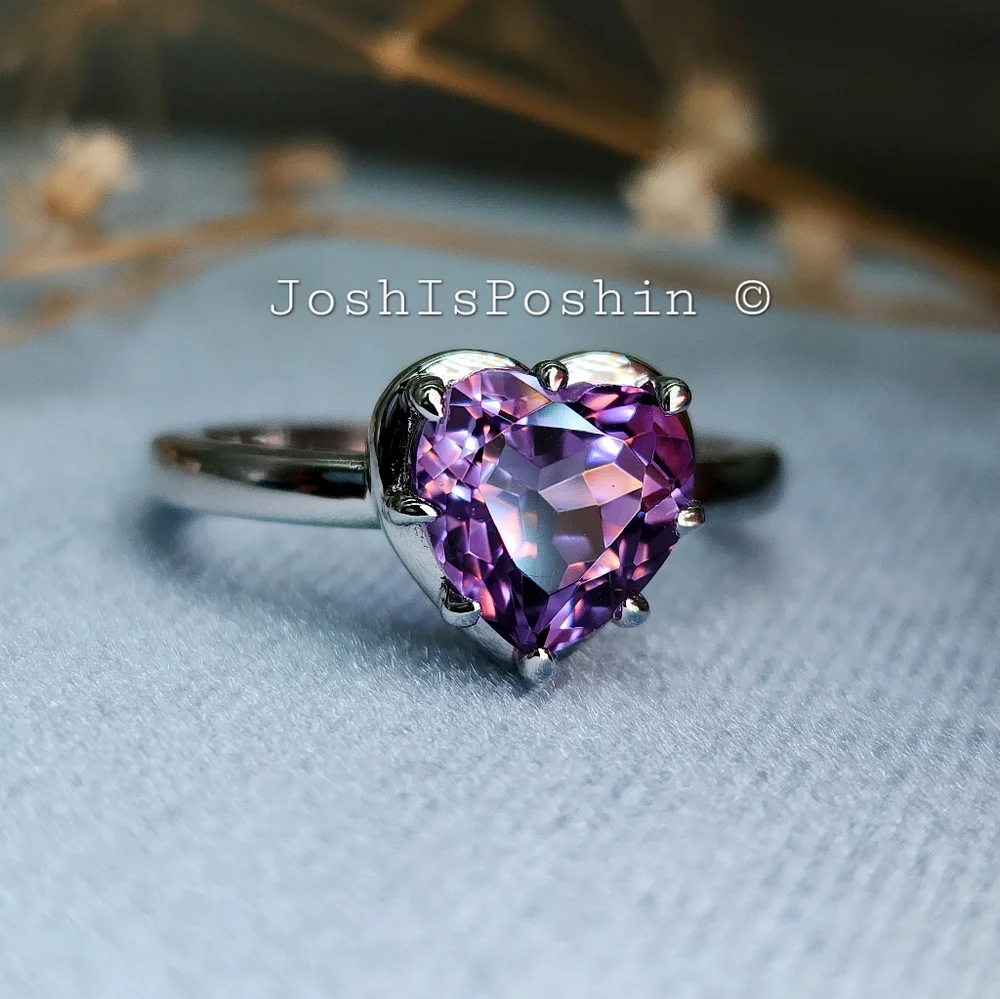 2CTW Personalized purple amethyst heart cut ring in sterling silver - Picture 3 of 7